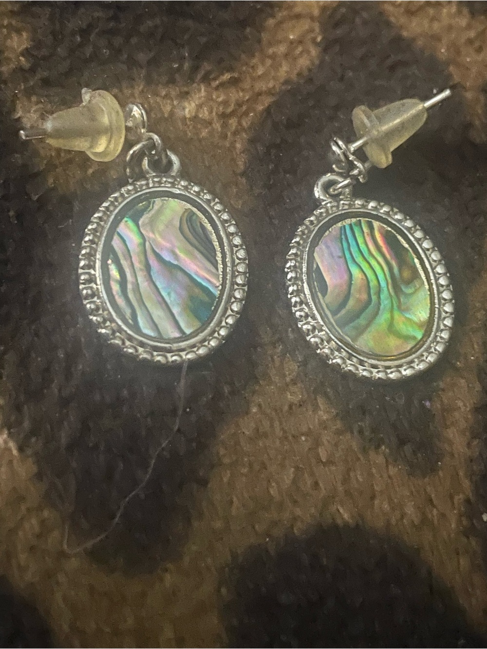 Silver Abalone Shell Oval Drop Earrings - Iridescent Green